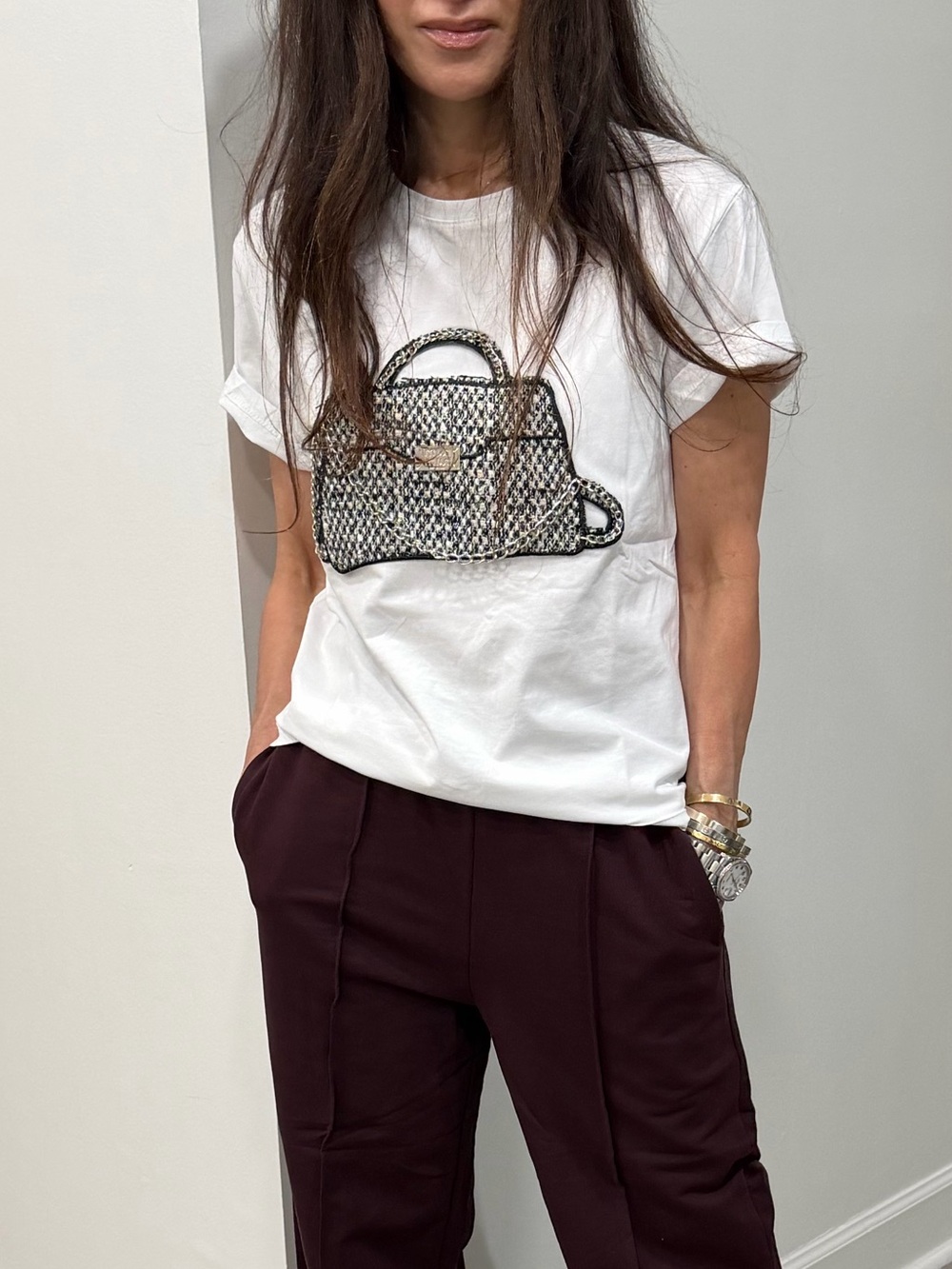 ShopEvelynne White Graphic Tee with Black Tweed Bag Motif